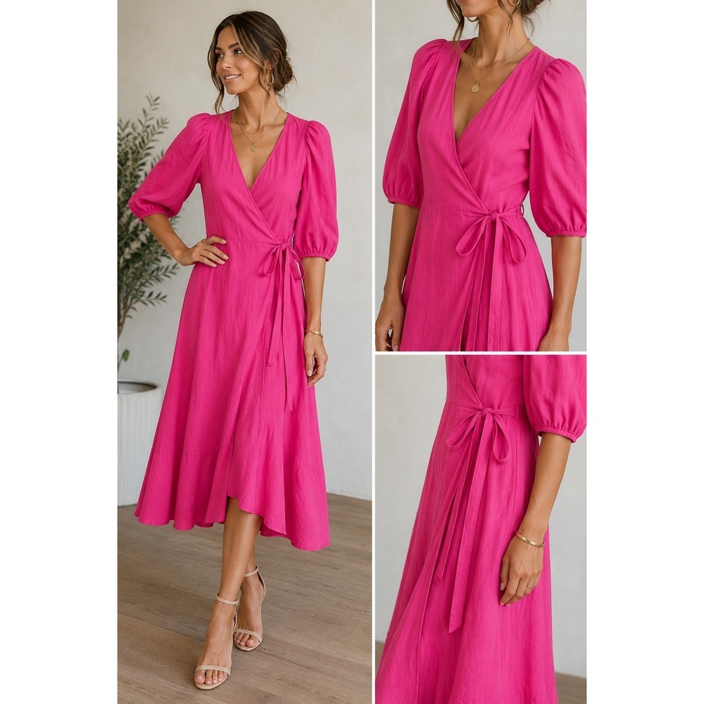Kirna Zabête Exclusive Charlotte Sleeve Wrap Dress Fuchsia Pink Size M NWT $425